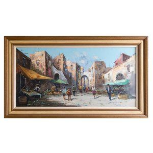 Vintage 1970s Federico Oil Painting – Italian Market Scene with Livestock